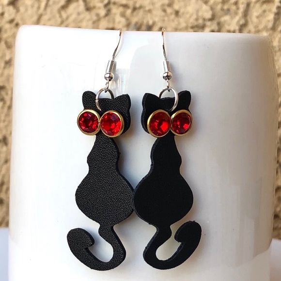 Cat Earrings Vegan Leather Rhinestone Black NEW - Picture 2 of 6
